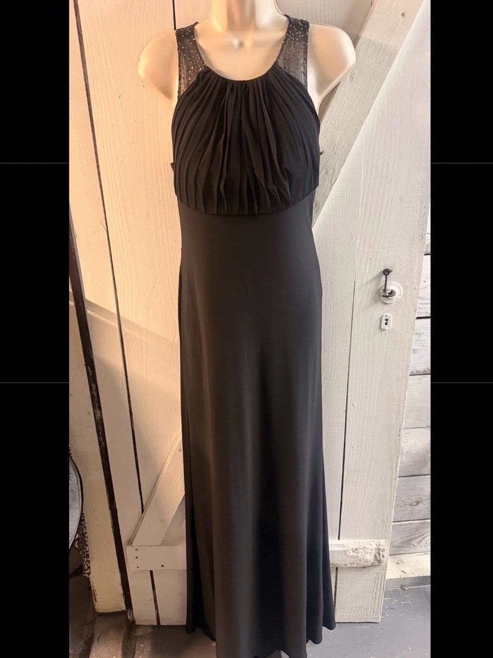 Night Way Collections Black Pleated Bodice Maxi Dress with Beaded Straps